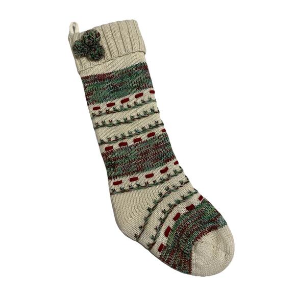Aspen Knit Christmas Stocking Fleece Lined with Cuffed Top and Pompoms EUC - Picture 1 of 6